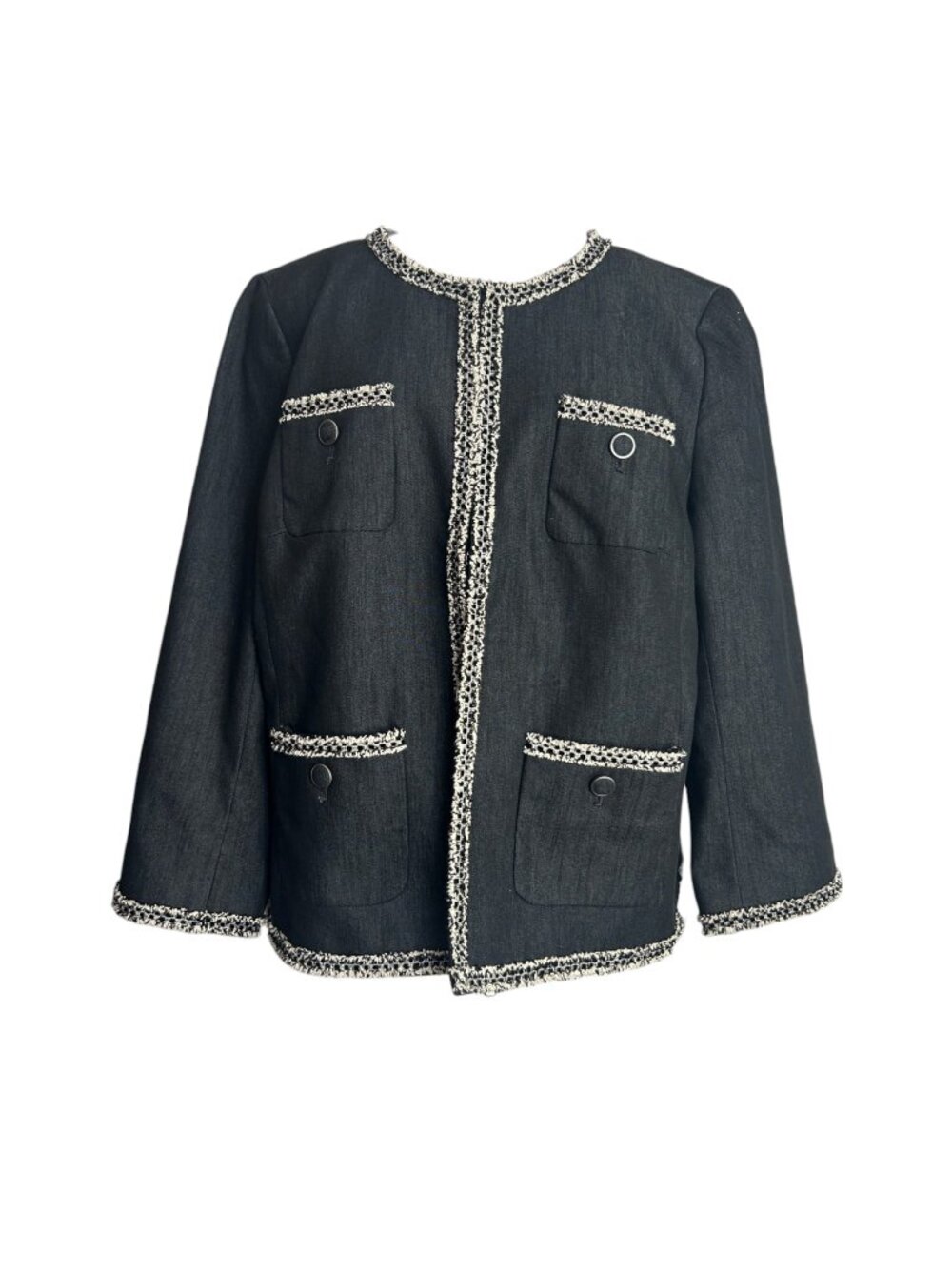 Talbots Size 16 Petite Blazer Jacket Tweed Fringe Black Polished Denim Look